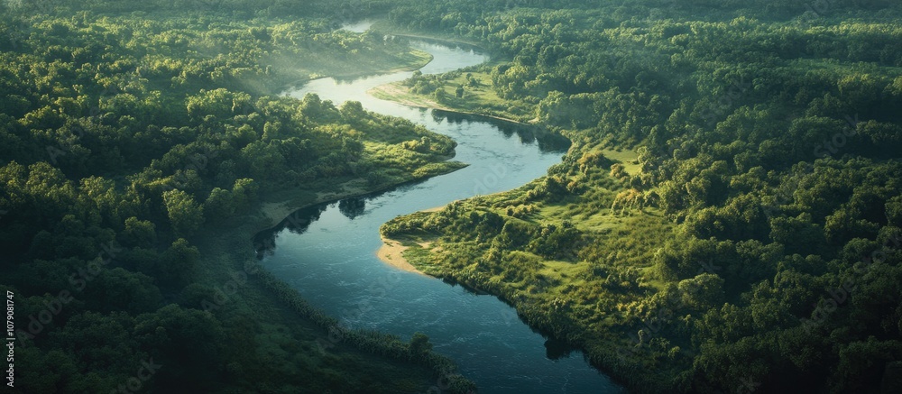 Aerial view of a winding river flowing through a lush wooded landscape showcasing nature s tranquility Aerial view of a winding river flowing through a lush wooded landscape showcasing nature s tranquility