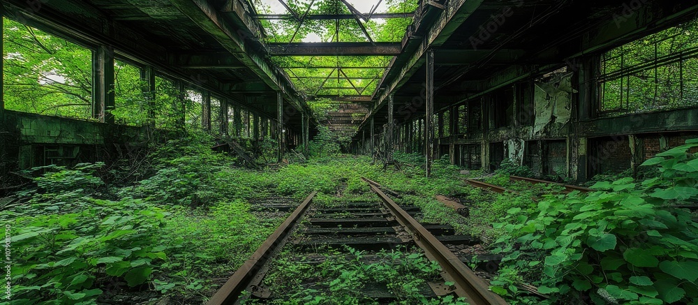Abandoned building enveloped in overgrown vegetation illustrating the contrast between nature and urban decay Abandoned building enveloped in overgrown vegetation illustrating the contrast between nature and urban decay