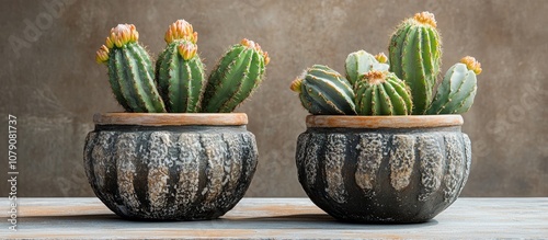 Cactus and Homalomena in decorative pots perfect for enhancing home interiors and bringing a refreshing touch of greenery photo