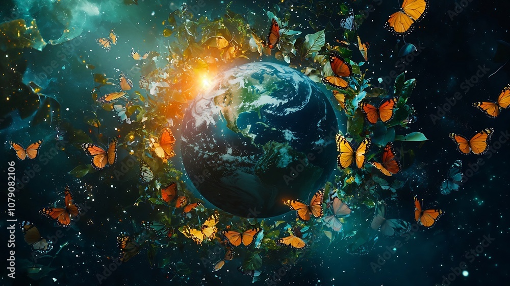 Fototapeta premium Earth Surrounded by Glowing Butterfly Ring Symbolizing Nature s Delicate Balance