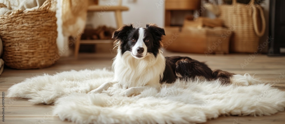 Border collie comfortably lying on a plush rug in a cozy home interior ideal for pet lovers Border collie comfortably lying on a plush rug in a cozy home interior ideal for pet lovers