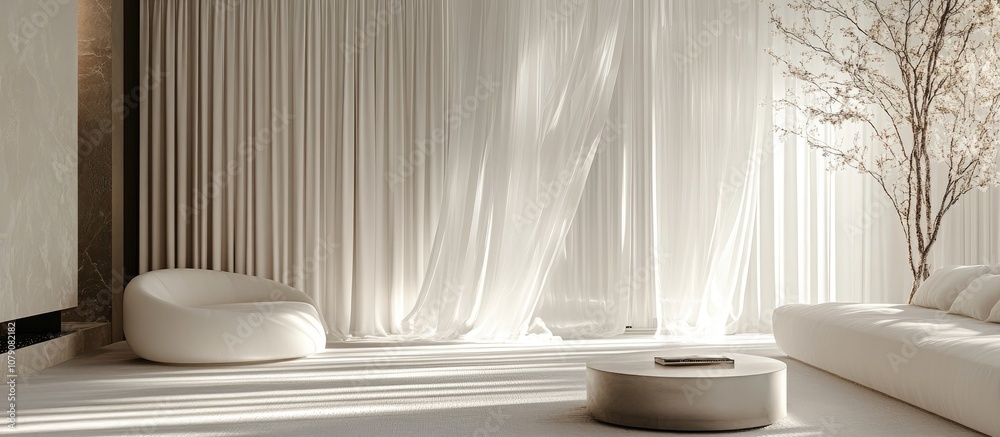 Backlit window adorned with flowing white curtains creating a soft inviting atmosphere Backlit window adorned with flowing white curtains creating a soft inviting atmosphere