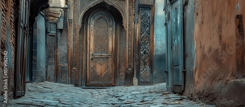 Ancient wooden doors adorned with intricate carvings nestled in cobblestone streets of a historic town