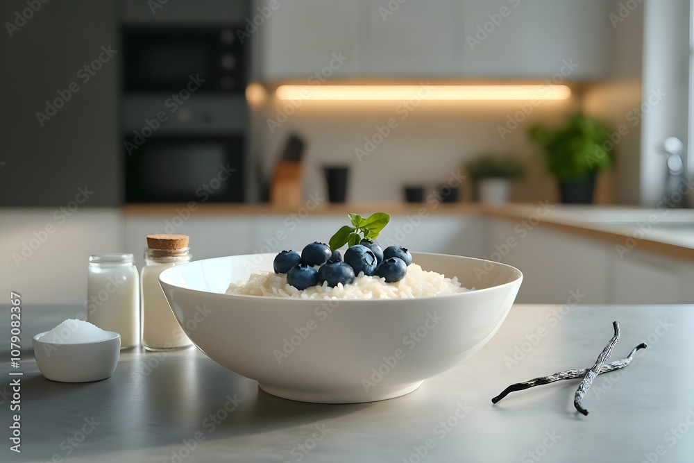 Close-up of creamy riz au lait, rice pudding, in a white bowl topped with blueberries, on a sleek modern table. Nearby are a cup of sugar, milk bottle, and vanilla pods, in a softly lit, minimalist ki Close-up of creamy riz au lait, rice pudding, in a white bowl topped with blueberries, on a sleek modern table. Nearby are a cup of sugar, milk bottle, and vanilla pods, in a softly lit, minimalist ki