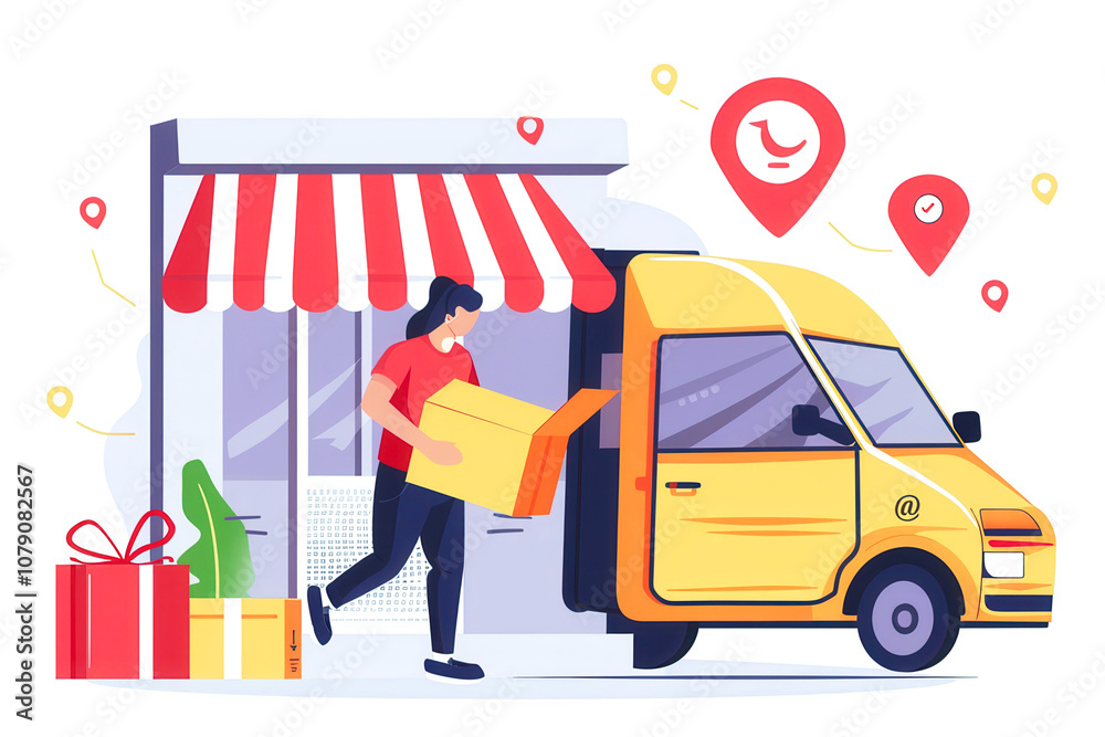 Image of a cheerful delivery worker woman holding a package next to a delivery van, with location icons and gift boxes, representing e-commerce, fast delivery services for New Year, Christmas Image of a cheerful delivery worker woman holding a package next to a delivery van, with location icons and gift boxes, representing e-commerce, fast delivery services for New Year, Christmas