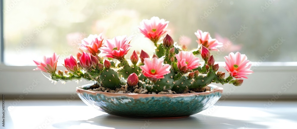 Cactus flower in a decorative pot on a bright white table enhancing home decor and interior design concepts Cactus flower in a decorative pot on a bright white table enhancing home decor and interior design concepts