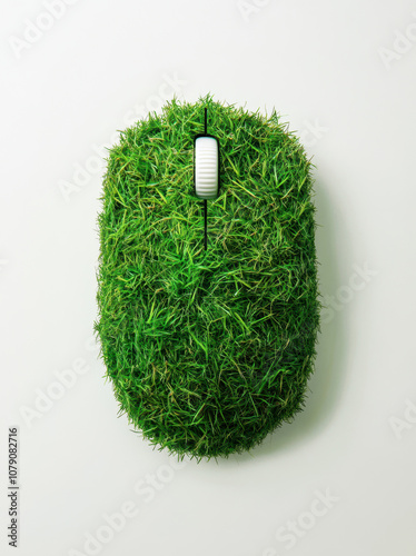 Green grass computer mouse representing eco-friendly technology and nature conservation photo