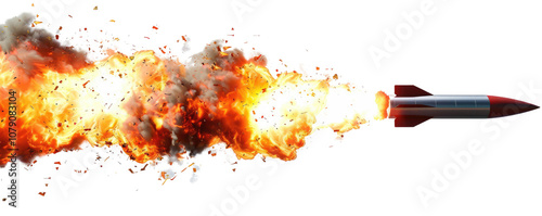 Rocket blasting off with intense flames and smoke trail. Cut out or PNG.
