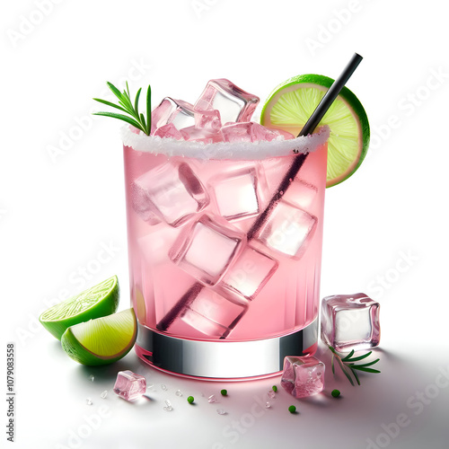 pinkcocktail with ice and lime isolated on white background photo