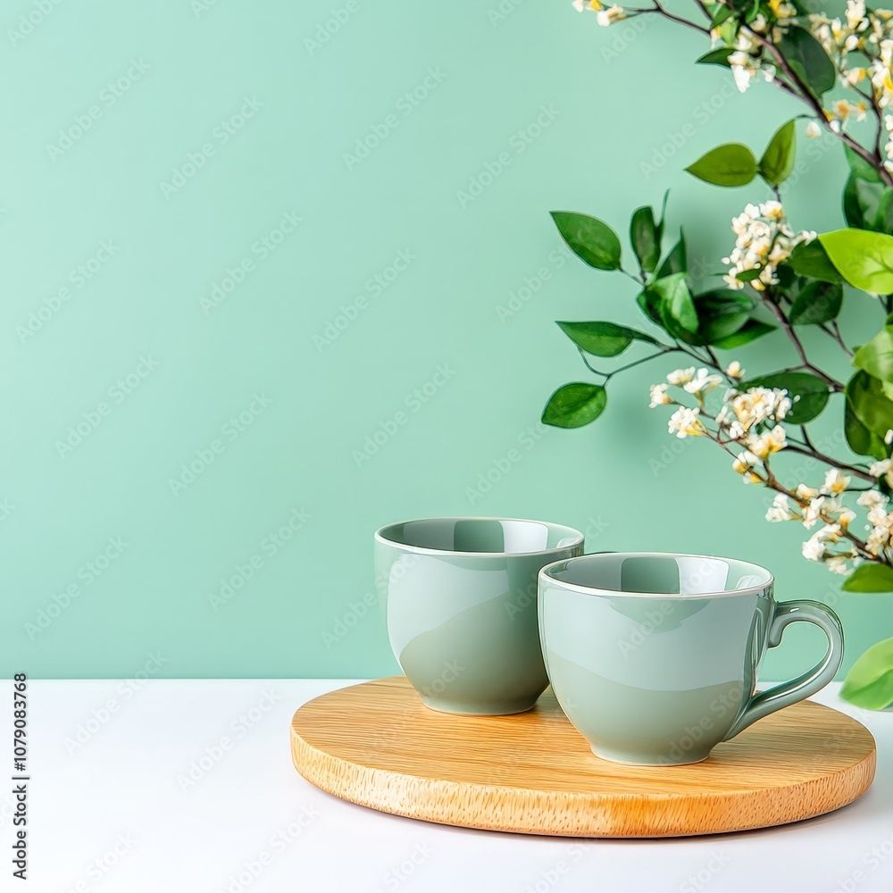 Elegant Coffee Cups on Wooden Tray with Green Background Elegant Coffee Cups on Wooden Tray with Green Background