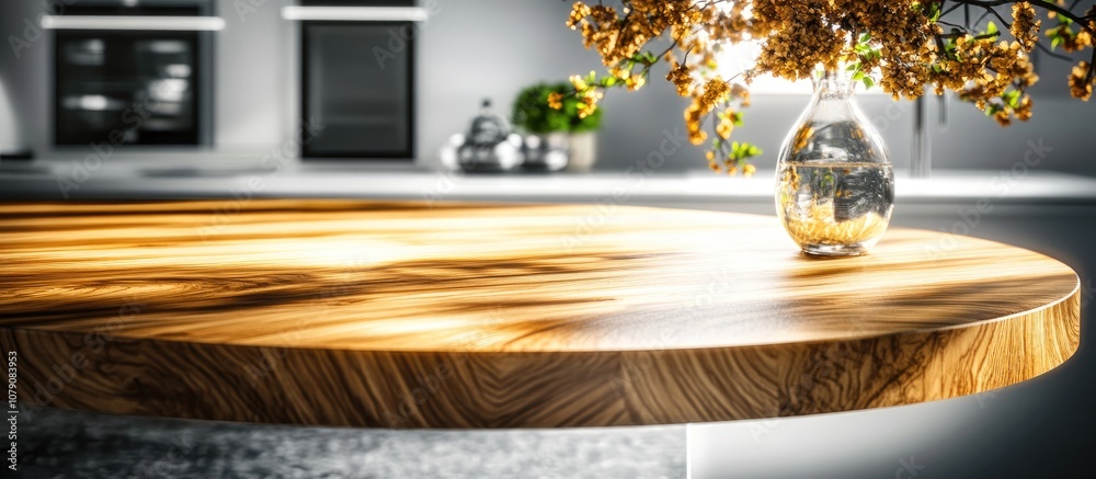 Beautiful round wooden tabletop in a clean and bright kitchen perfect for product display and montages Beautiful round wooden tabletop in a clean and bright kitchen perfect for product display and montages