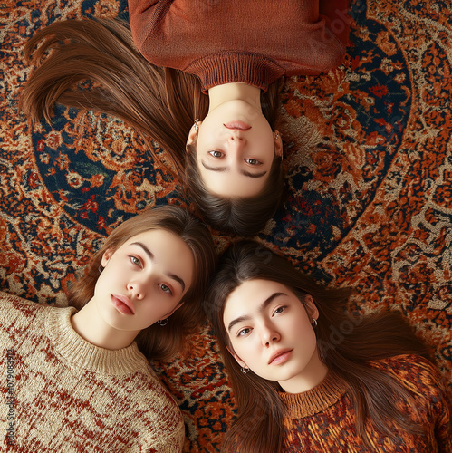 threeyoung women lying on ornate Persian rug or carpet in circle and looking up at camera, high angle top down view -  maximalist fashion, sweaters, fall or winter style. Three girlfriends. photo