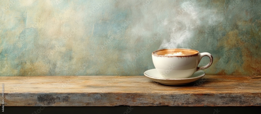 Artistic still life composition featuring a steaming cup of coffee on a rustic wooden table perfect for cafe menus or advertising Artistic still life composition featuring a steaming cup of coffee on a rustic wooden table perfect for cafe menus or advertising