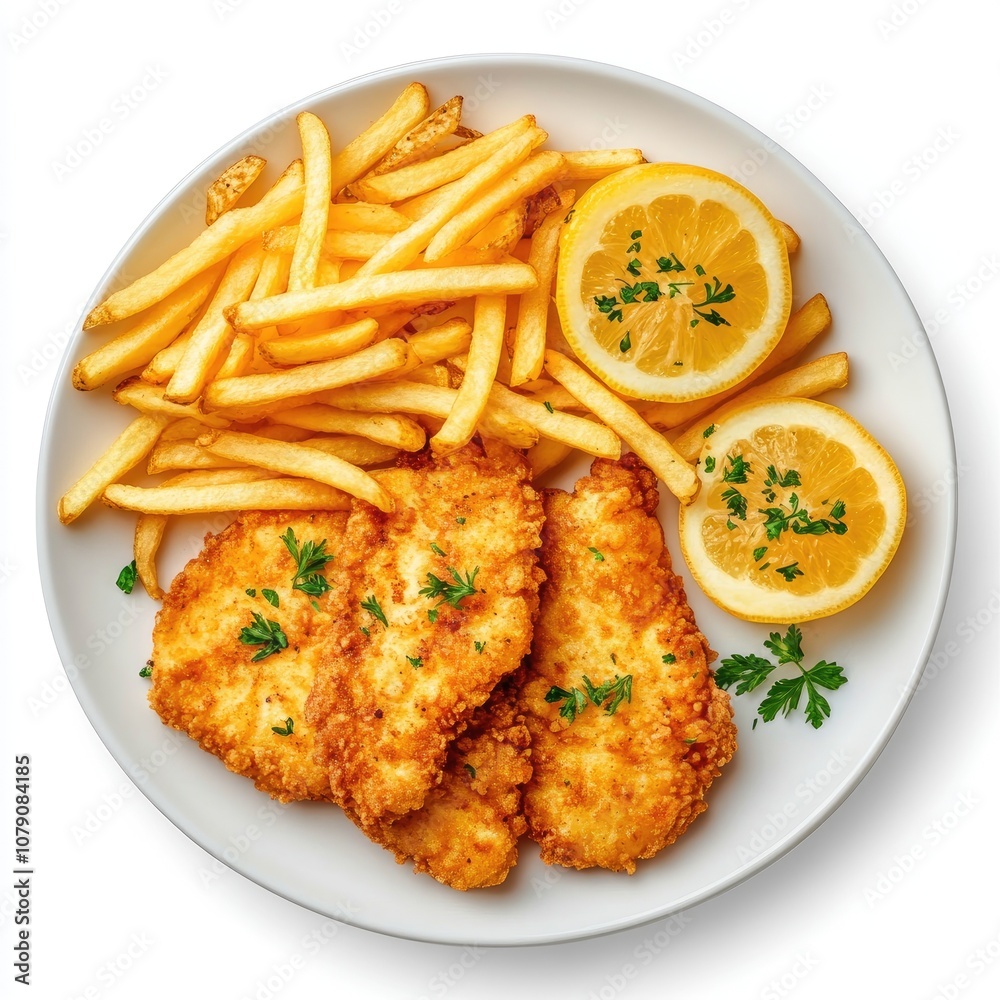 Plate with French Fries and Chicken Schnitzel on Transparent Background Plate with French Fries and Chicken Schnitzel on Transparent Background