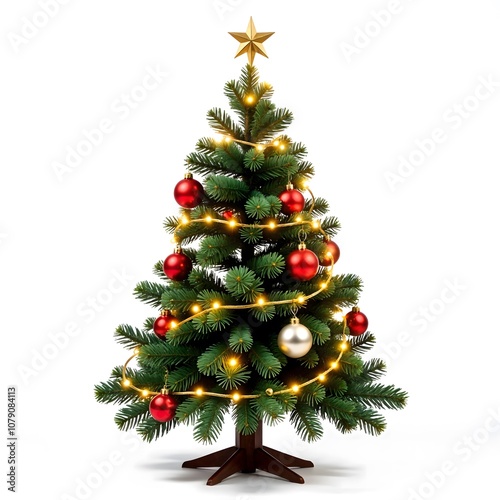 decorated Christmas tree with ornaments on white background 