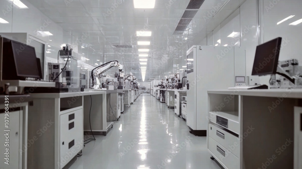 A clean, high-tech laboratory equipped with advanced robotics and machinery, representing modern technology, automation, and precision in a controlled environment.
A clean, high-tech laboratory equipped with advanced robotics and machinery, representing modern technology, automation, and precision in a controlled environment.