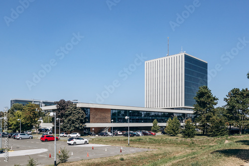 Zagreb, Croatia - August 15, 2024: Kockica, a 10-story mixed-use building located at Prisavlje 14 in Zagreb, the capital of Croatia.