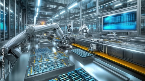 A robotic arm working in a factory full of automated equipment assembling microchips and producing advanced semiconductors in a high-tech manufacturing environment.