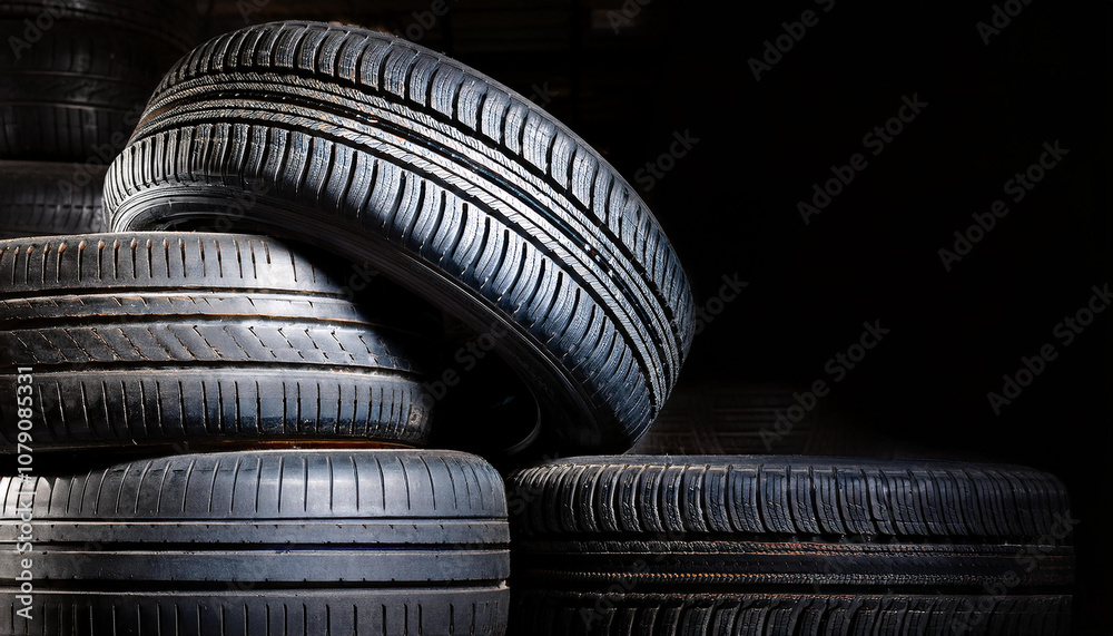 Pile of used car tires in warehouse area. Industrial waste. Black backdrop. Pile of used car tires in warehouse area. Industrial waste. Black backdrop.