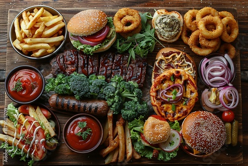 Assorted fast food on rustic table