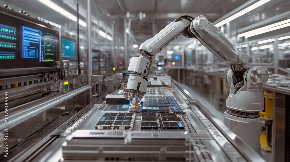 A robotic arm working in a factory full of automated equipment assembling microchips and producing advanced semiconductors in a high-tech manufacturing environment. A robotic arm working in a factory full of automated equipment assembling microchips and producing advanced semiconductors in a high-tech manufacturing environment.