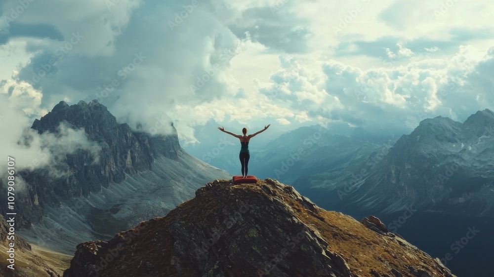 Woman on Mountain Peak, Arms Raised in Triumph Woman on Mountain Peak, Arms Raised in Triumph