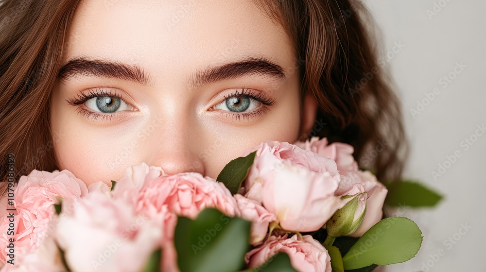 A close-up portrait of a woman surrounded by soft pink roses, showcasing her striking blue eyes and natural beauty, This image can be ideal for beauty, fashion, and floral-themed projects, A close-up portrait of a woman surrounded by soft pink roses, showcasing her striking blue eyes and natural beauty, This image can be ideal for beauty, fashion, and floral-themed projects,