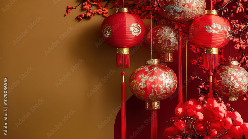 Red lanterns and decorations hanging for chinese new year celebration Red lanterns and decorations hanging for chinese new year celebration