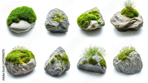 different types of stones with green moss isolated on white