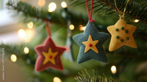 Felt Star Ornaments on a Christmas Tree