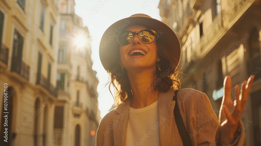 Obraz premium Woman Pointing and Smiling on Sunny Street