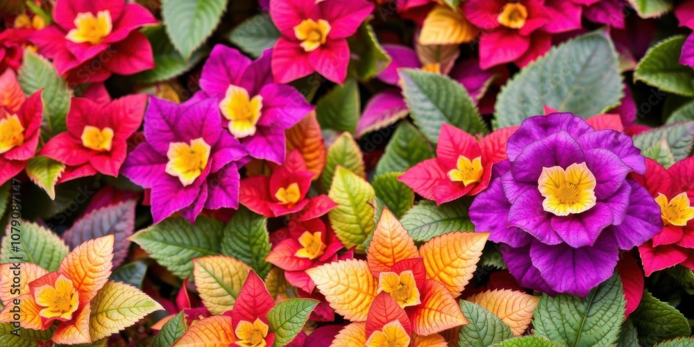 Vibrant purple flower petals and lush green leaves create a beautiful natural contrast, colorful, texture, leaves Vibrant purple flower petals and lush green leaves create a beautiful natural contrast, colorful, texture, leaves