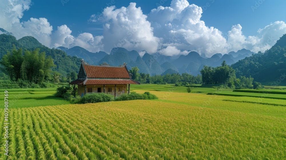 Traditional House in Rice Paddy Fields with Mountain Landscape