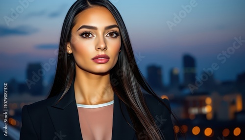Captivating Portrait of a Young Woman in a Cityscape at Dusk