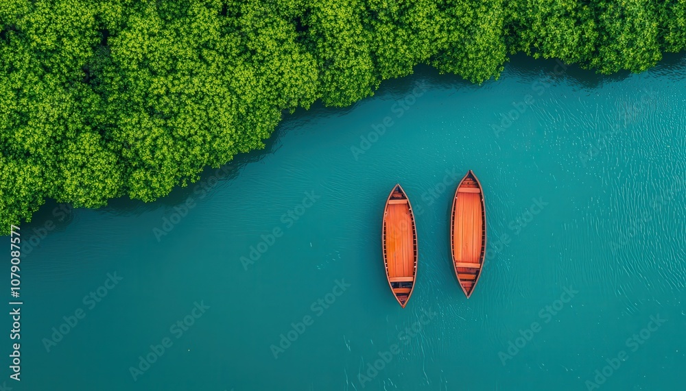 Obraz premium Travel industry, Sustainable tourism. Aerial view of two wooden boats on turquoise water, surrounded by lush green vegetation, creating a serene and tranquil scene.