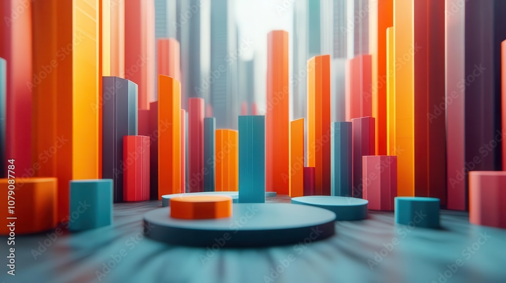 Obraz premium A vibrant 3D representation of colorful bars and circular shapes, suggesting data visualization or artistic design with a modern aesthetic.