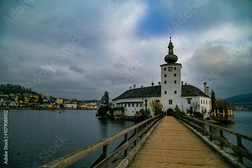 Austria. Alps. Traunsee. Traunkirche. Ort Castle. Hallstatt. Yacht on an Alpine lake.