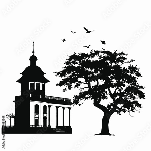 A silhouette of a classical building with layered rooftops, next to a tall tree with sprawling branches and leaves, with several birds flying nearby