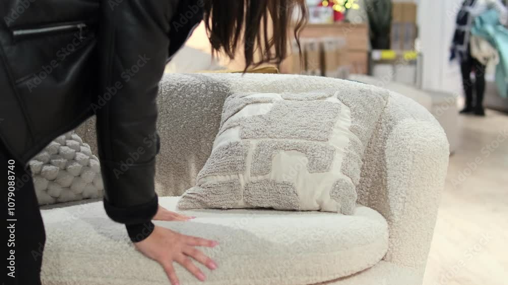 Woman Testing Comfort of Sofa in Furniture Store Showroom. Buyer chooses sofa in living room department of furniture store