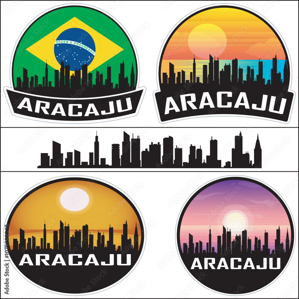 Obraz premium Aracaju Skyline Brazil Flag Cityscape Silhouette Travel Souvenir Sticker Sunset Isolated Vector