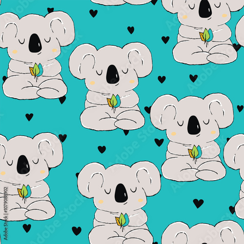 Seamless pattern with cute koala baby on color background. Funny australian animals. Card, postcards for kids. Flat vector illustration for fabric, textile, wallpaper, poster, paper photo