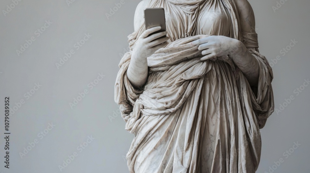Classical statue holding modern smartphone Classical statue holding modern smartphone