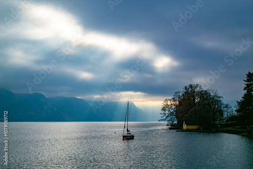 Austria. Alps. Traunsee. Traunkirche. Ort Castle. Hallstatt. Yacht on an Alpine lake.