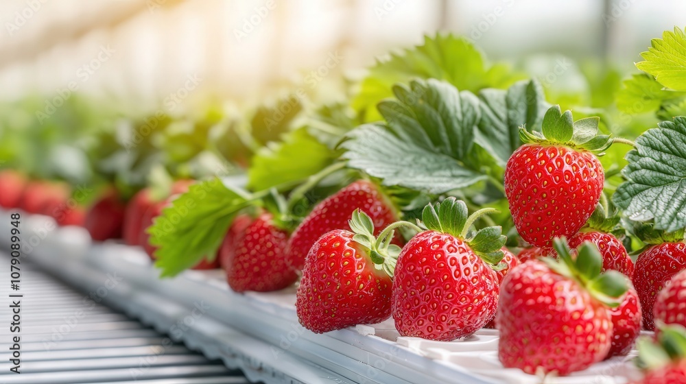 Sustainable Agriculture, Vertical Farming. Fresh, ripe strawberries grow in a greenhouse, surrounded by vibrant green leaves, showcasing agricultural beauty and healthy produce. Sustainable Agriculture, Vertical Farming. Fresh, ripe strawberries grow in a greenhouse, surrounded by vibrant green leaves, showcasing agricultural beauty and healthy produce.