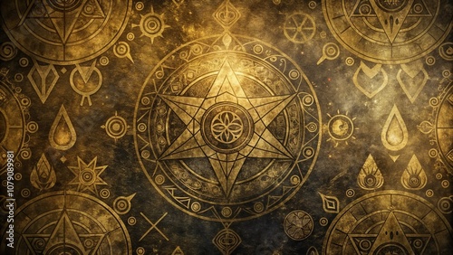 Alchemy symbols background with golden patterns and mystical designs for spiritual concepts photo