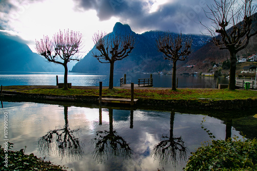 Austria. Alps. Traunsee. Traunkirche. Ort Castle. Hallstatt. Yacht on an Alpine lake.