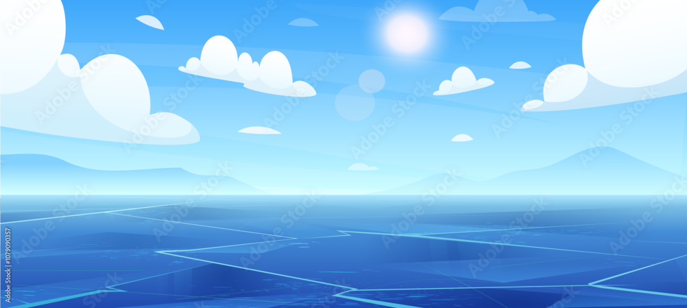 Frozen sea landscape. Vector illustration of icy lake with mountains, sky, winter ocean, ice rink, glacier, pond. Frozen water for skating, hockey, fishing. Northern nature. Outdoor activity Frozen sea landscape. Vector illustration of icy lake with mountains, sky, winter ocean, ice rink, glacier, pond. Frozen water for skating, hockey, fishing. Northern nature. Outdoor activity