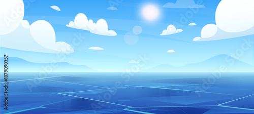 Frozen sea landscape. Vector illustration of icy lake with mountains, sky, winter ocean, ice rink, glacier, pond. Frozen water for skating, hockey, fishing. Northern nature. Outdoor activity