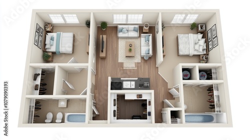 3D floor plan featuring a ground level layout with two bedrooms one bathroom a kitchen dining room living room and a garage