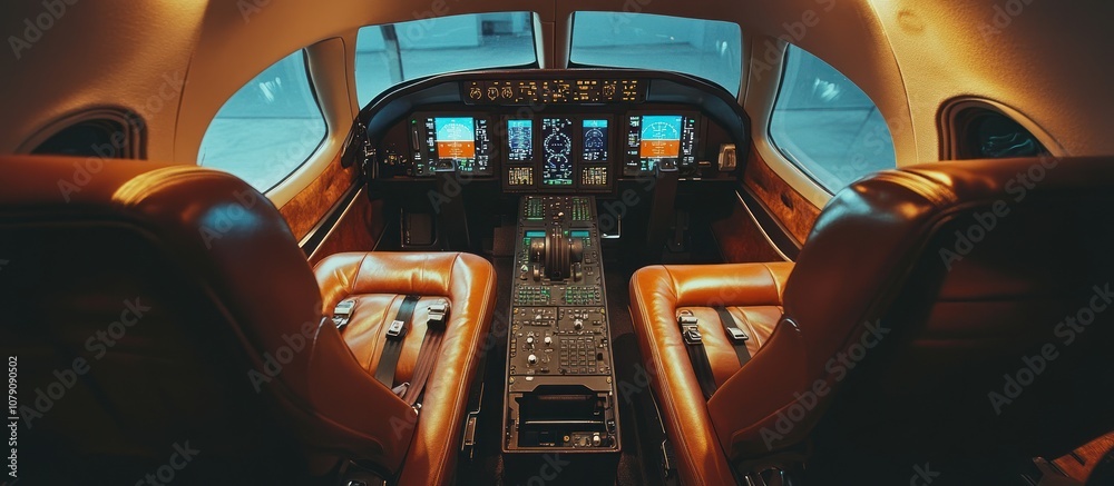 The cockpit of a private plane with brown leather seats and a control panel with screens. The cockpit of a private plane with brown leather seats and a control panel with screens.